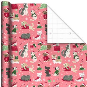 Cute Cats and Dogs on Pink Christmas Wrapping Paper Roll, 35 sq. ft