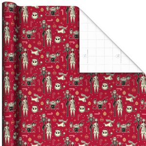 Disney Tim Burton's The Nightmare Before Christmas Characters on Red Wrapping Paper Roll, 25 sq. ft.